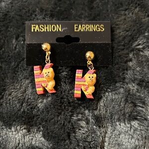 Cute Kitty Letter K Dangle Earrings - Pink & Gold